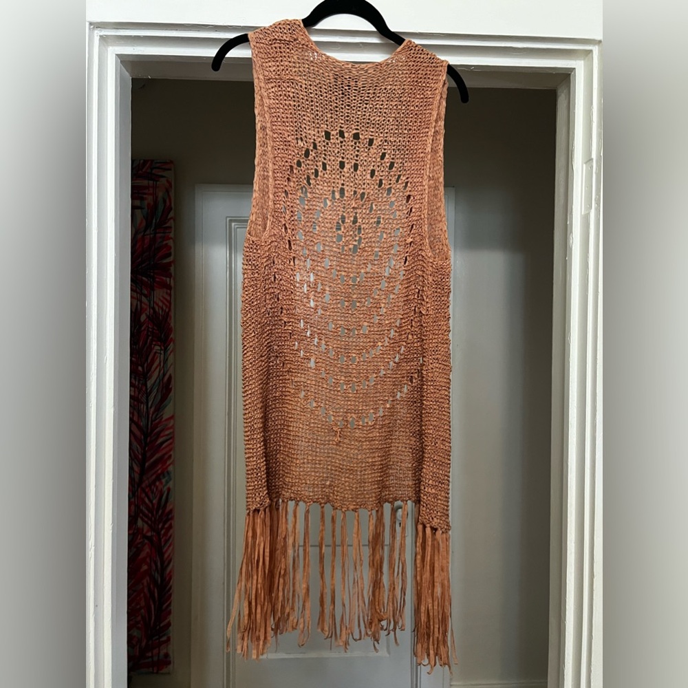 Peachy rust boho crocheted fringe open front vest